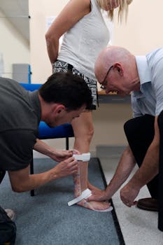 Healthcare professionals assisting a woman with an ankle brace fitting indoors.